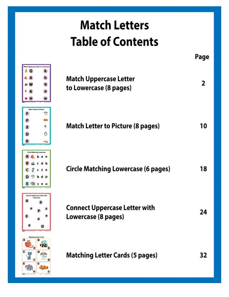 "Match Letters Table of Contents – Fun Alphabet Matching Worksheets for Kids, including uppercase to lowercase matching, letter to picture matching, and more."